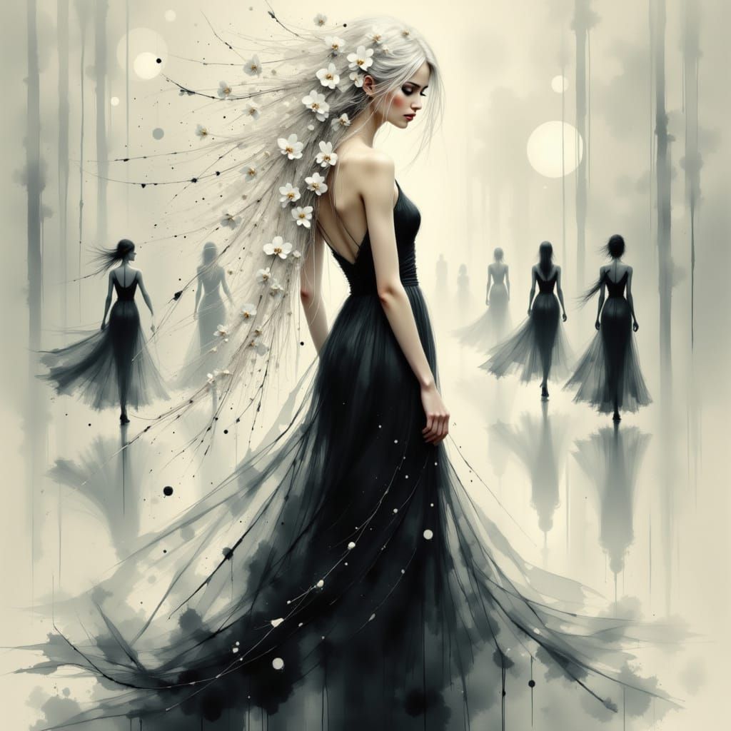 Ethereal Woman with Orchids in Art Nouveau Style