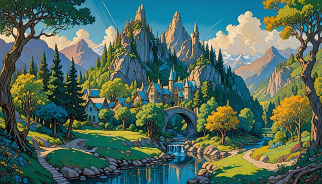 Enchanted Elf City Under a Bright Blue Sky