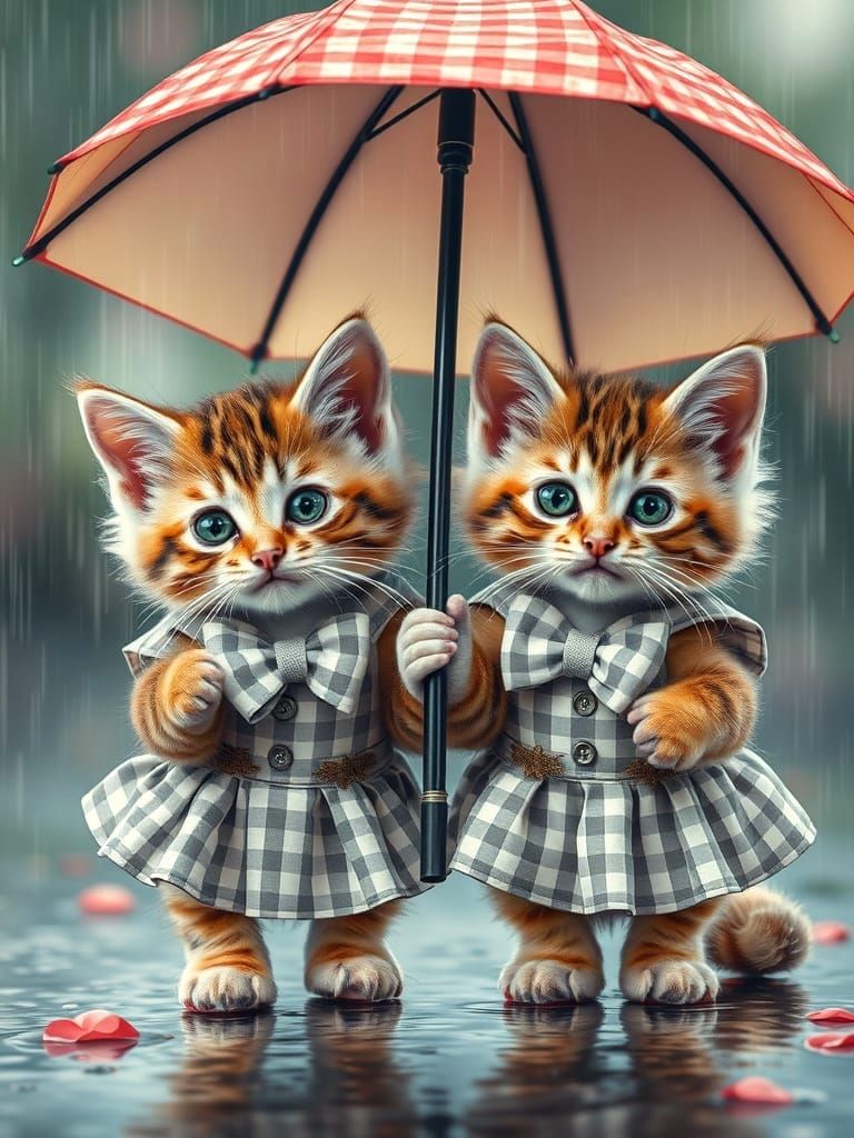 Whimsical Gingham Kittens in Rainy Fantasy Scene