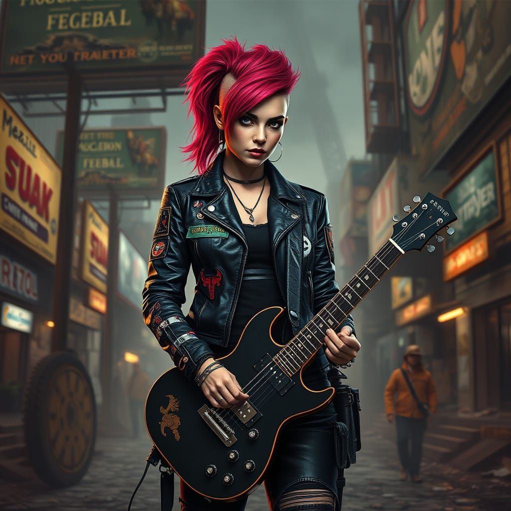 Rebel Rocker Woman Defies Oppression in Cyberpunk Uprising