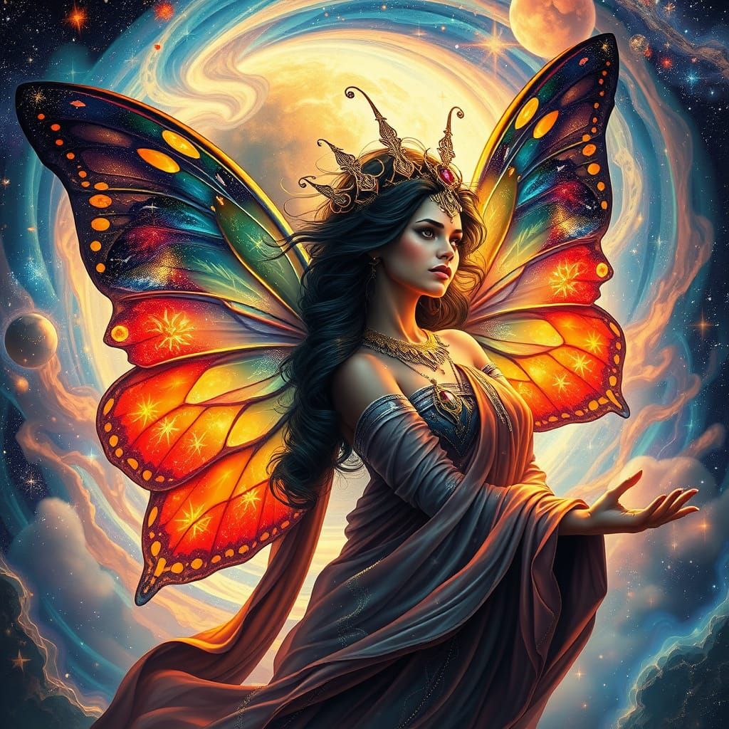 Latina Goddess with Butterfly Wings in Dreamlike Landscape