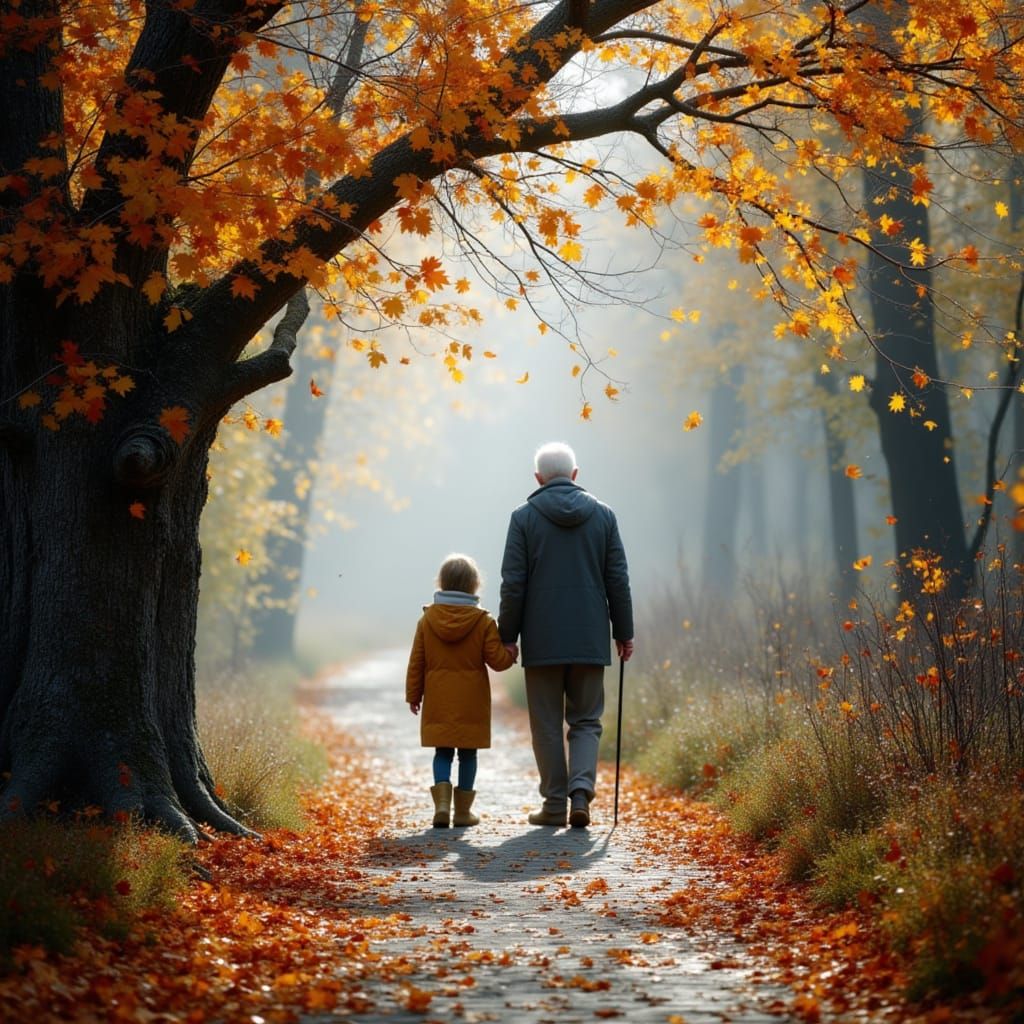 Generational Bond on Autumn Forest Path