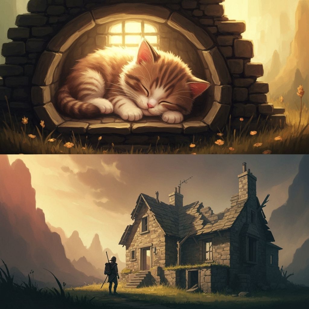 Kitten and Ruins: Cottage in Digital Illustration