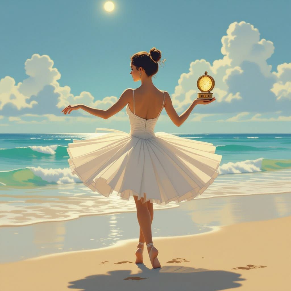 Ballerina Dances on a Beach, Dreamy Art Style