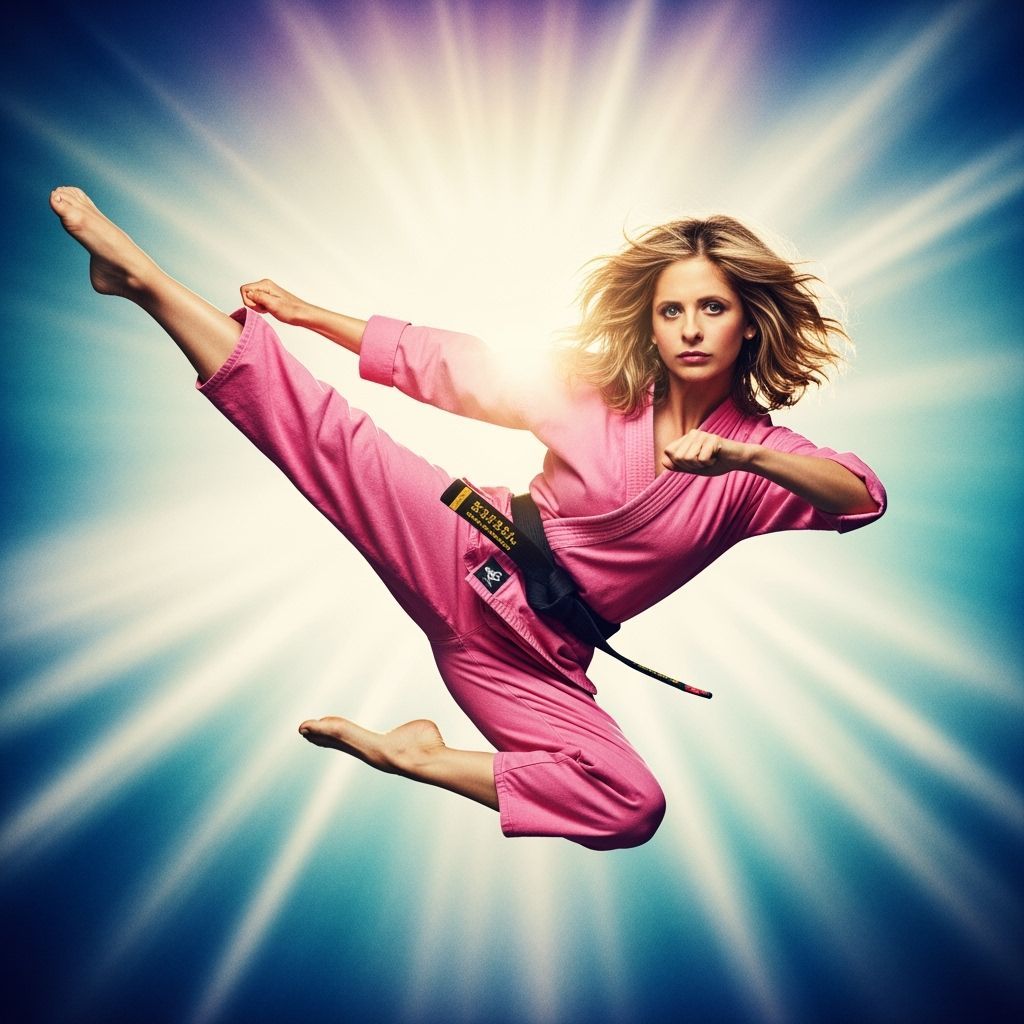 Hyperrealistic Woman in Pink Gi Mid-Air Kick