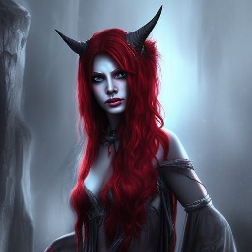 Epic Dark Tiefling Female with Red Hair