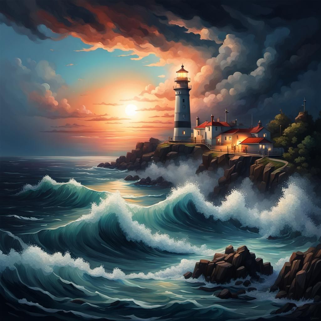 Lighthouse at Night: A Hyperrealistic Oil Painting