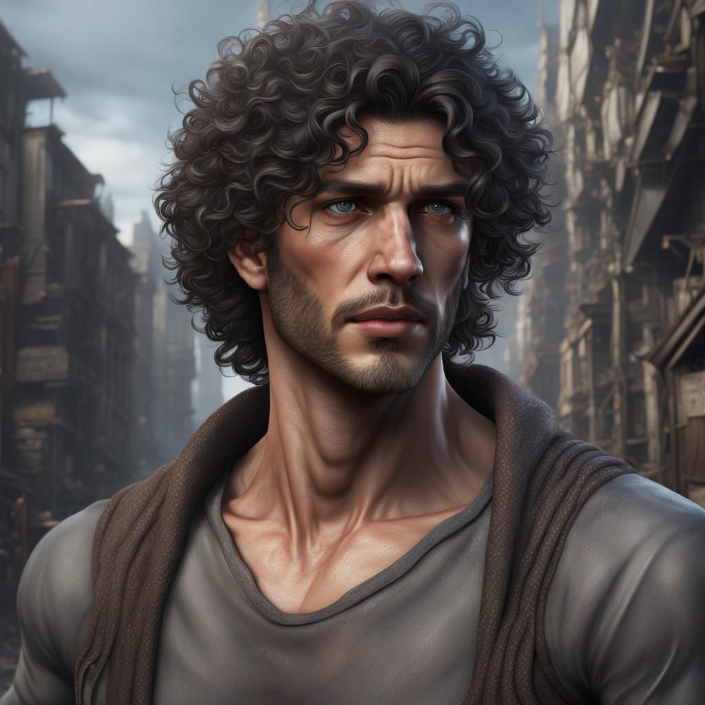 Sad, Drunk Man with Dark Hair: Detailed Matte Painting