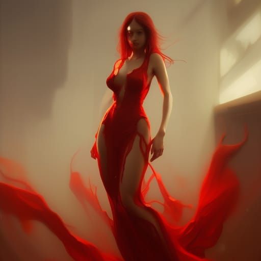 Ethereal Woman in Red Dress, Hyperdetailed Portrait
