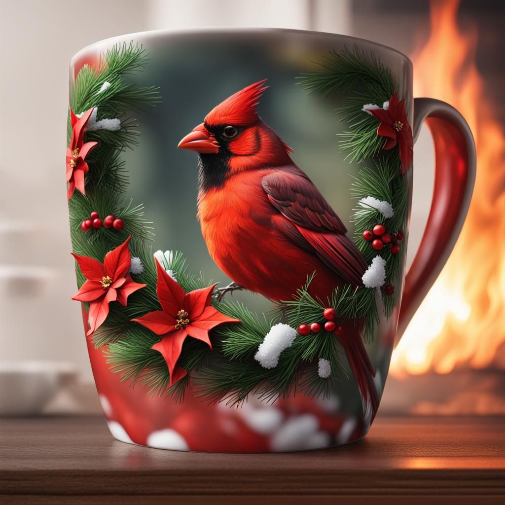 Christmas Cardinal Wreath Coffee Mug in Splash Art Style