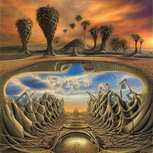 "16k resolution, art by H.R. Giger, Salvador Dali, surreal island oasis, biomechanical palm trees, melting sand dunes, a...