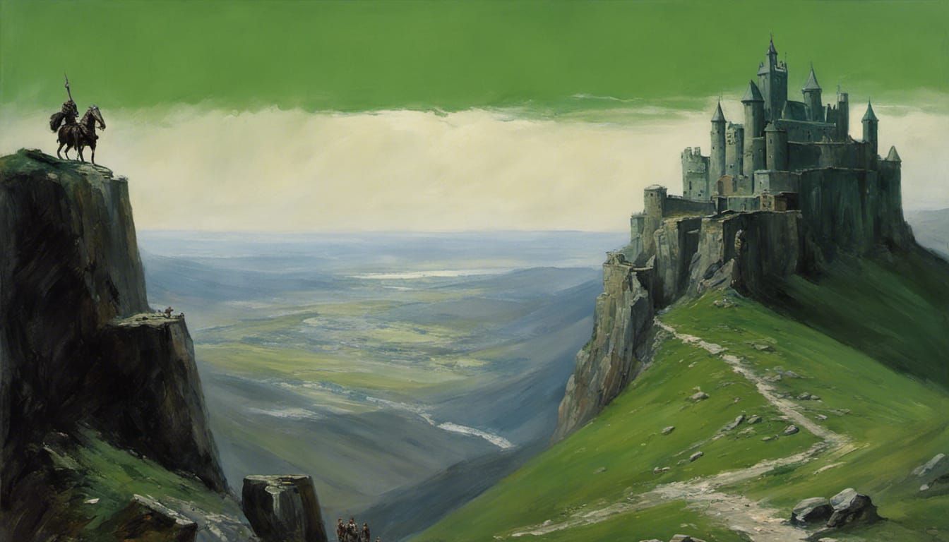 Knights on Mountain, Dark Green Oil Painting