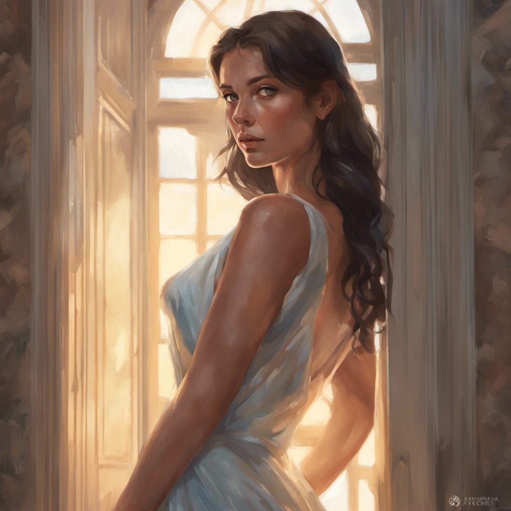 Brunette Woman in Sundress, Detailed Digital Portrait