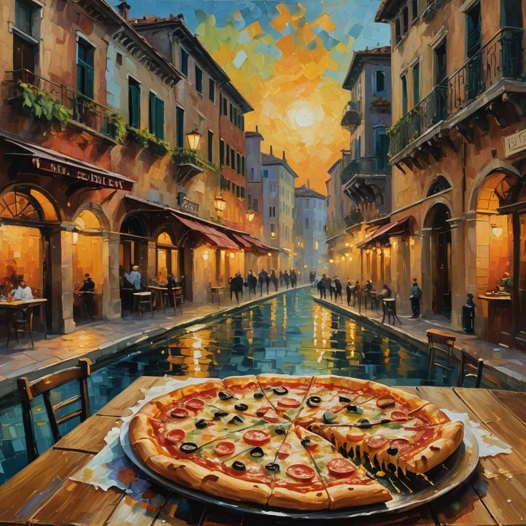 Venetian Piazza Pizza: An Impasto Oil Painting