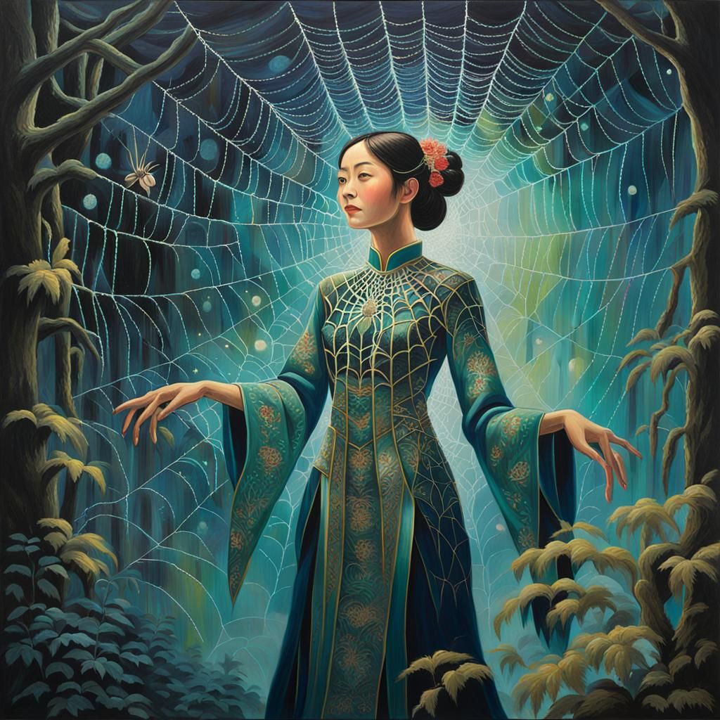 Spider-Woman Weaving Webs in a Moonlit Forest