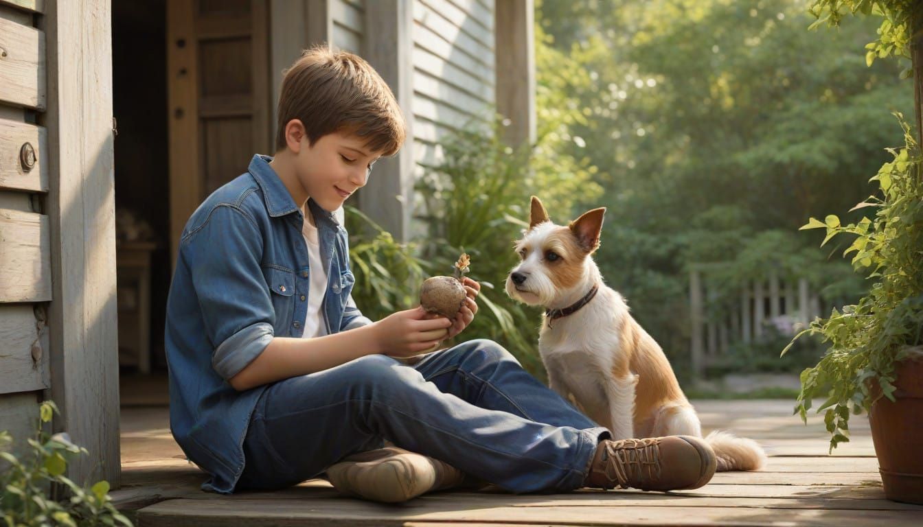 Joyful Moment of Boy and Loyal Dog on Sunlit Porch