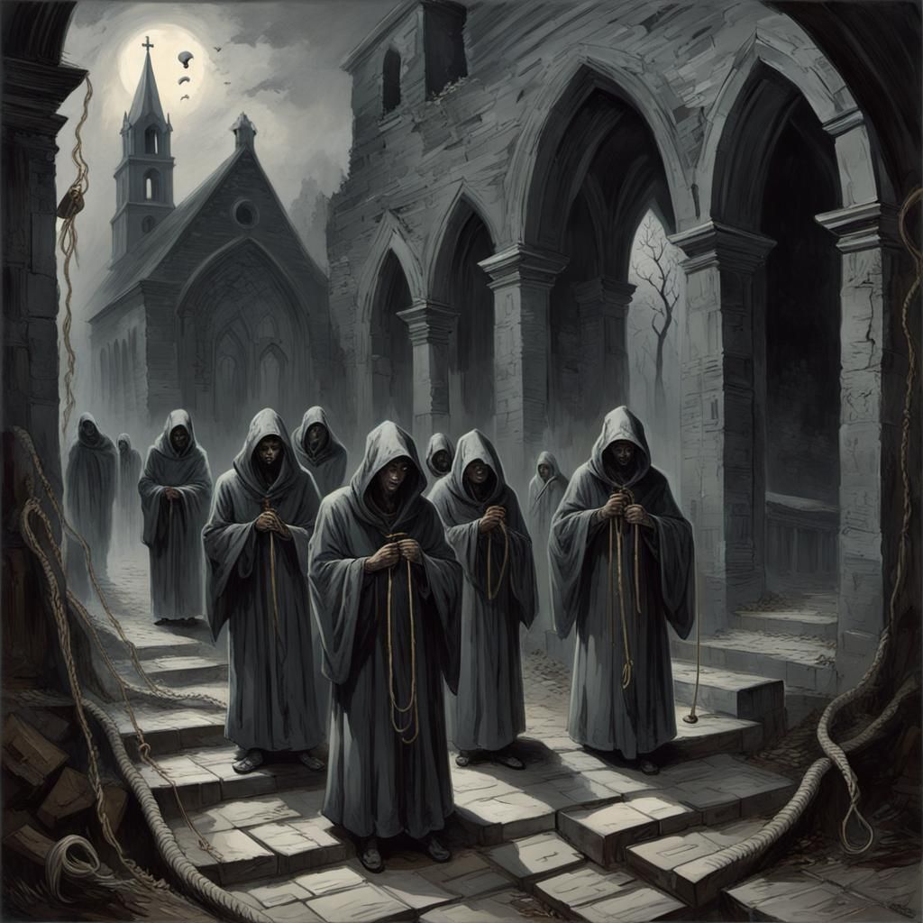 Eerie Figures Ringing Bells in Ruined Church