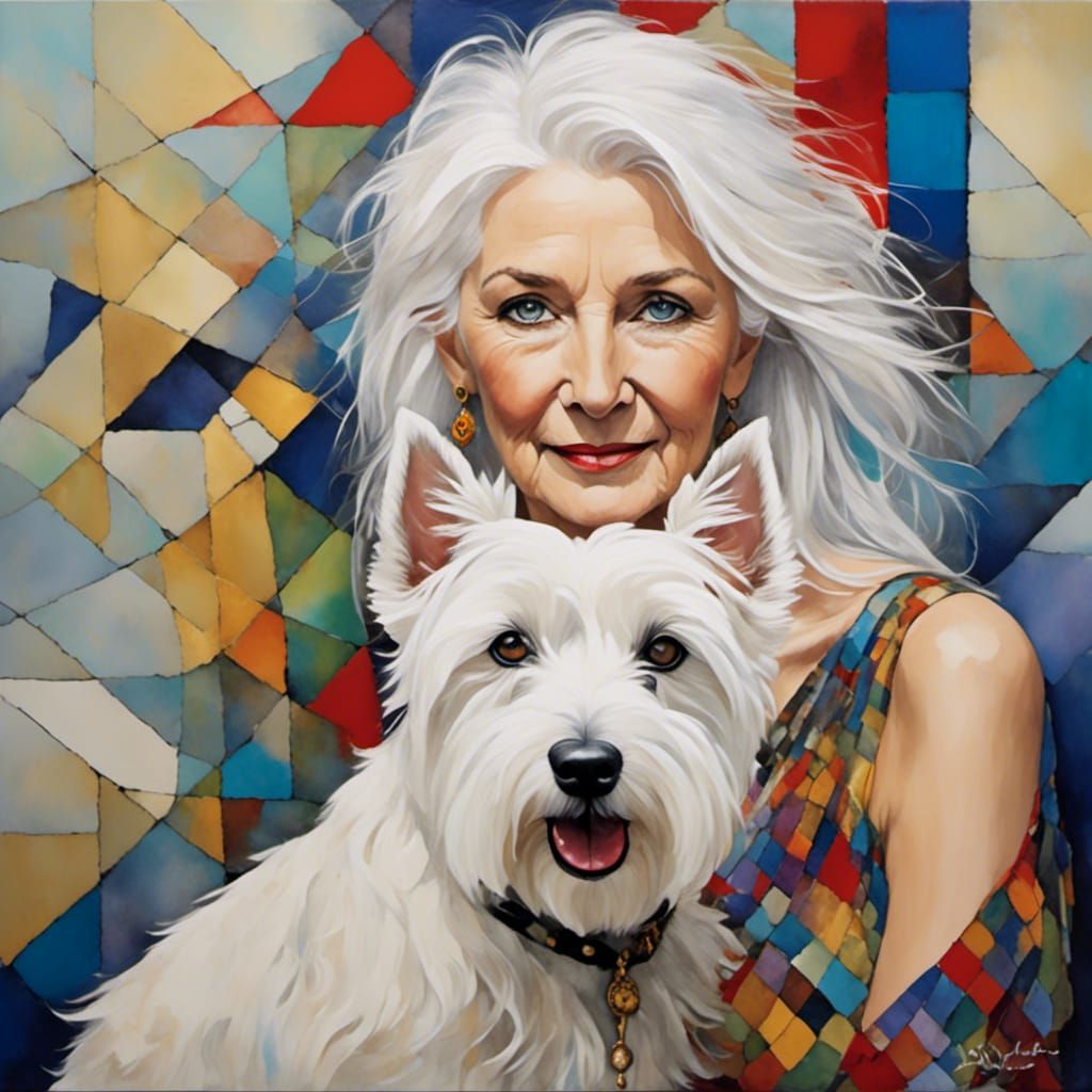Westie and Platinum Woman in Art Deco Style