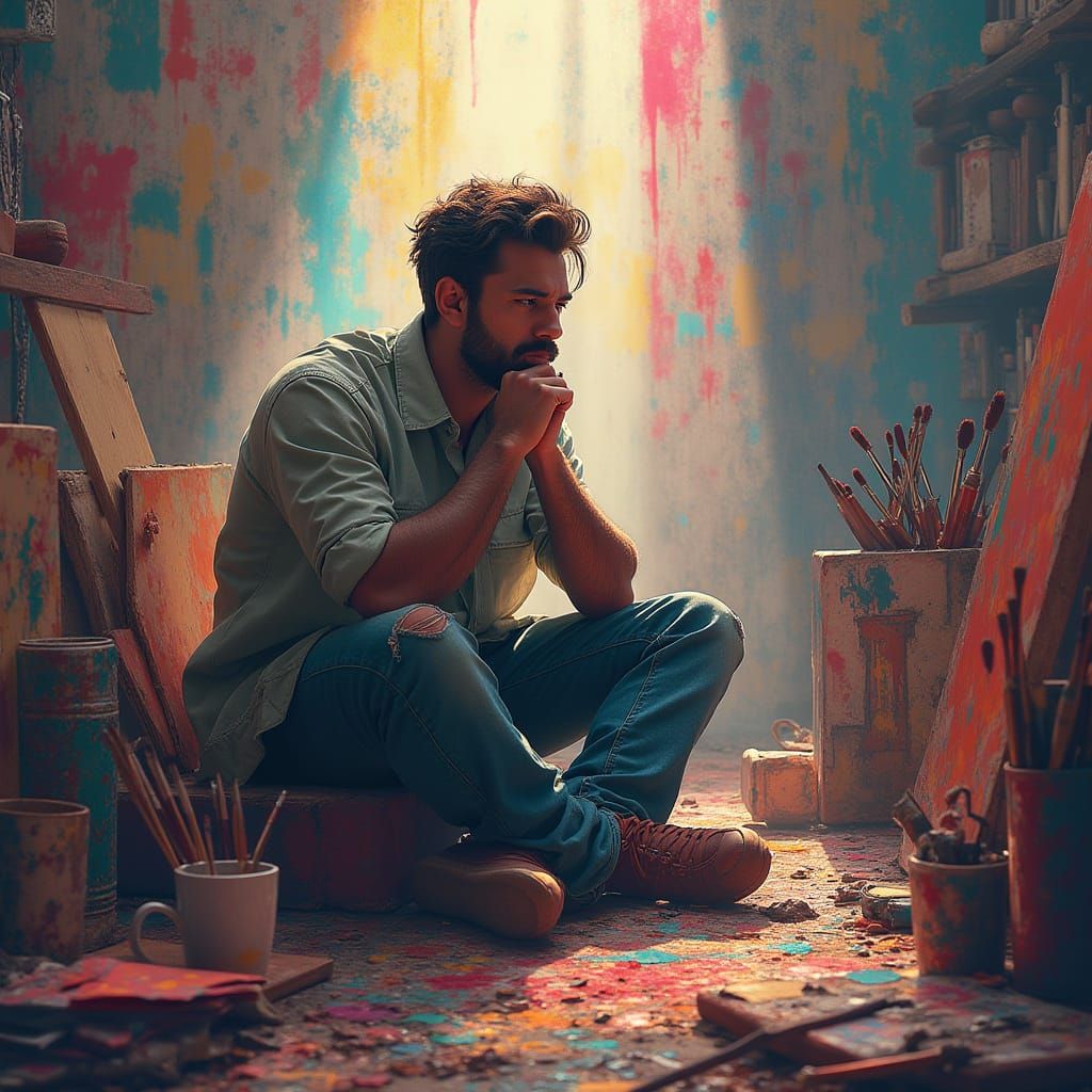 Creative Thinker Surrounded by Art Supplies