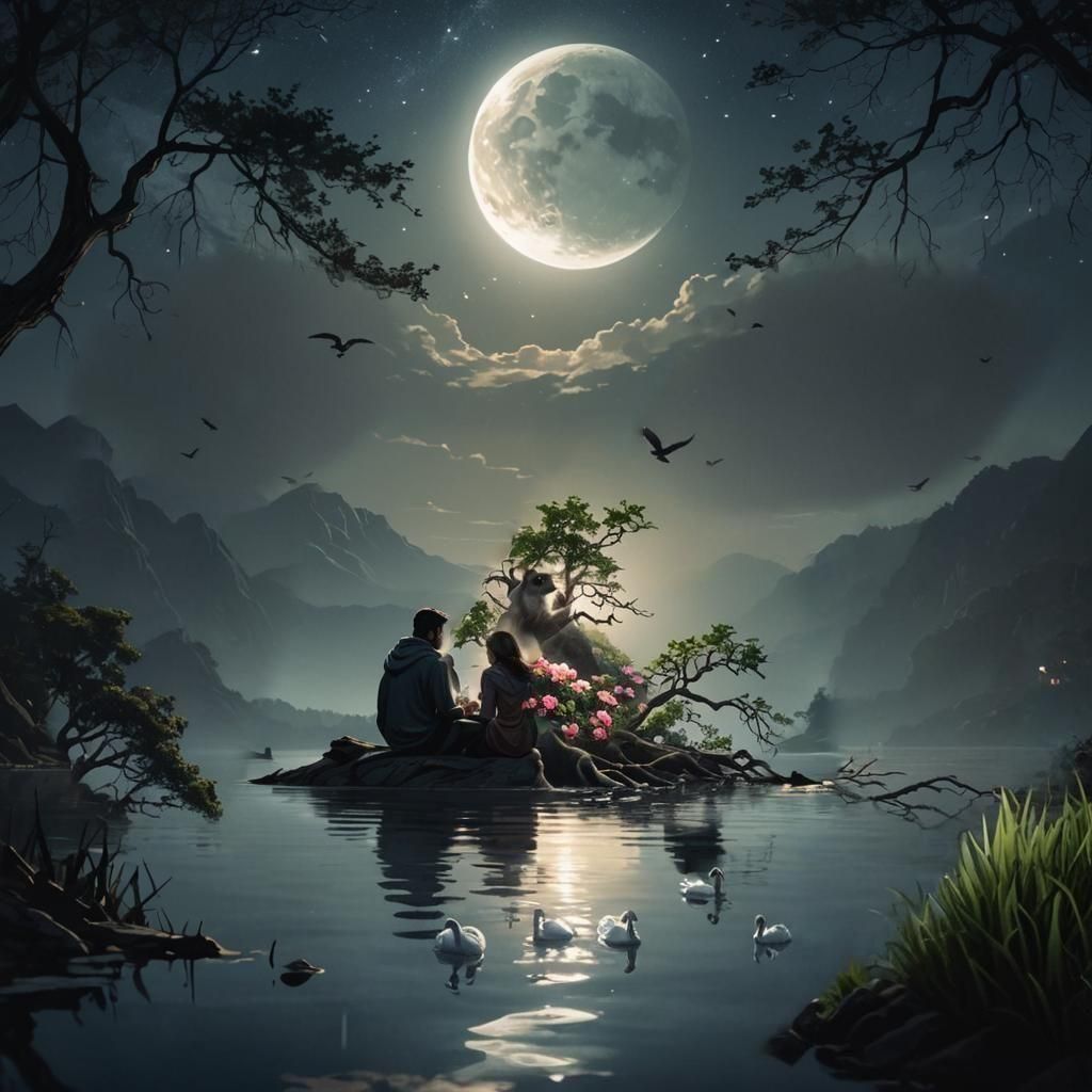 Moonlit Embrace: Dark Fantasy Art Nouveau Scene