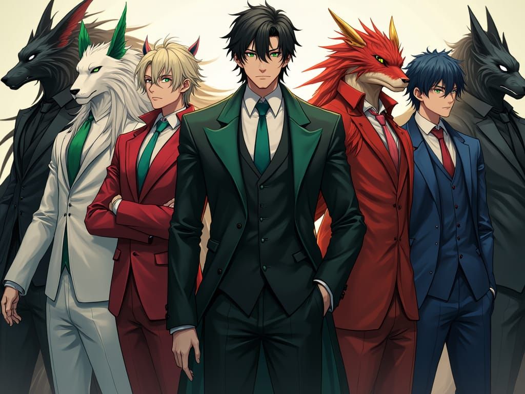 Stylish Anime Characters in Tailored Suits: 3D Art