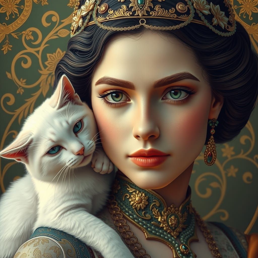 Elegant Lady with Cat in Art Nouveau Style
