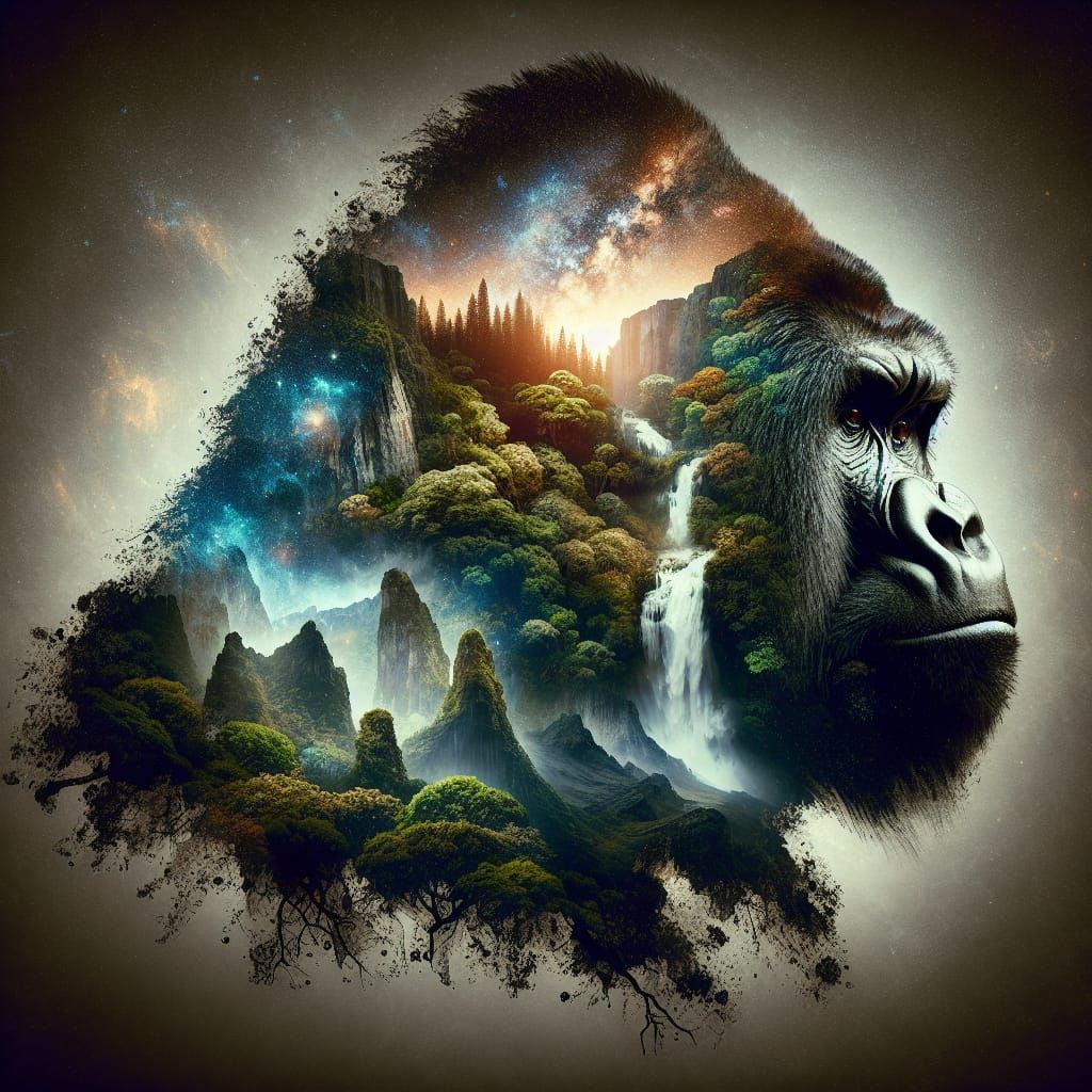 Surreal Mountain Gorilla Meets Cosmic Wonders in Double Expo...