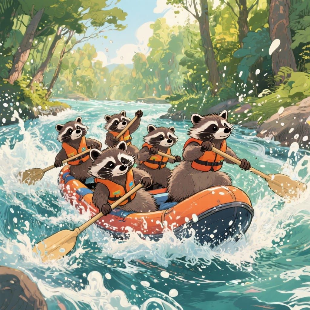 Raccoons Whitewater Rafting in Vibrant Forest