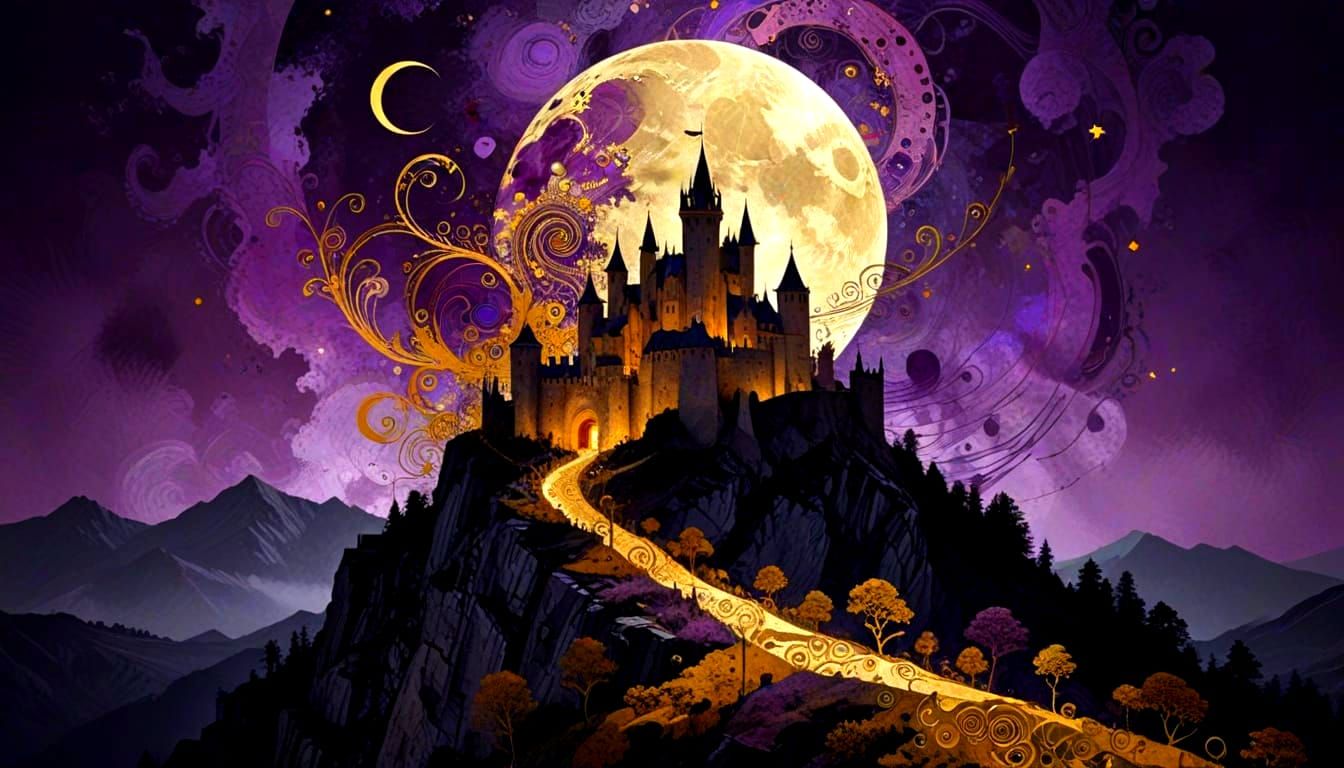 Moonlit Castle in Abstract Expressionist Style