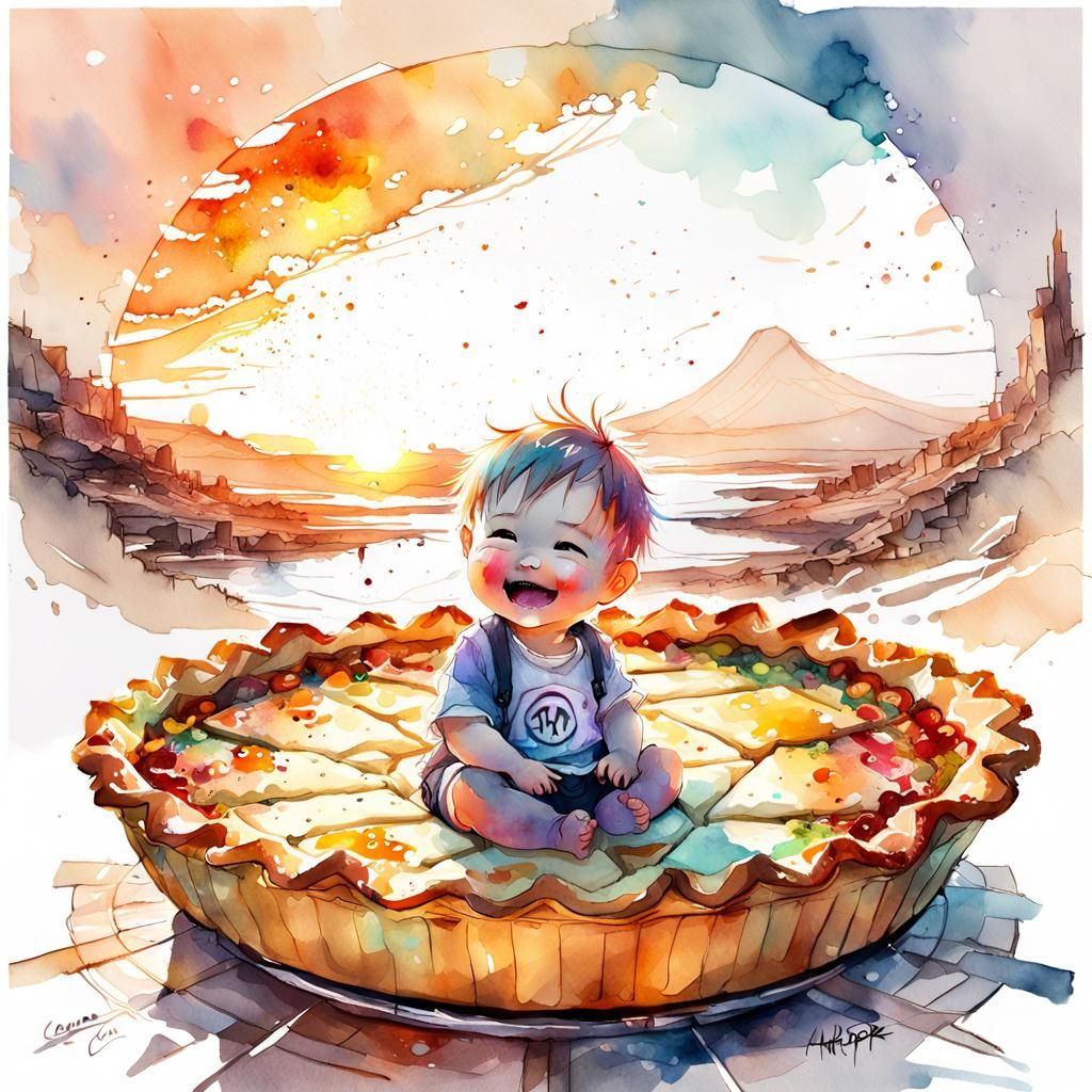 Cute Chibi Baby in Oversized Pie, Anime Watercolor