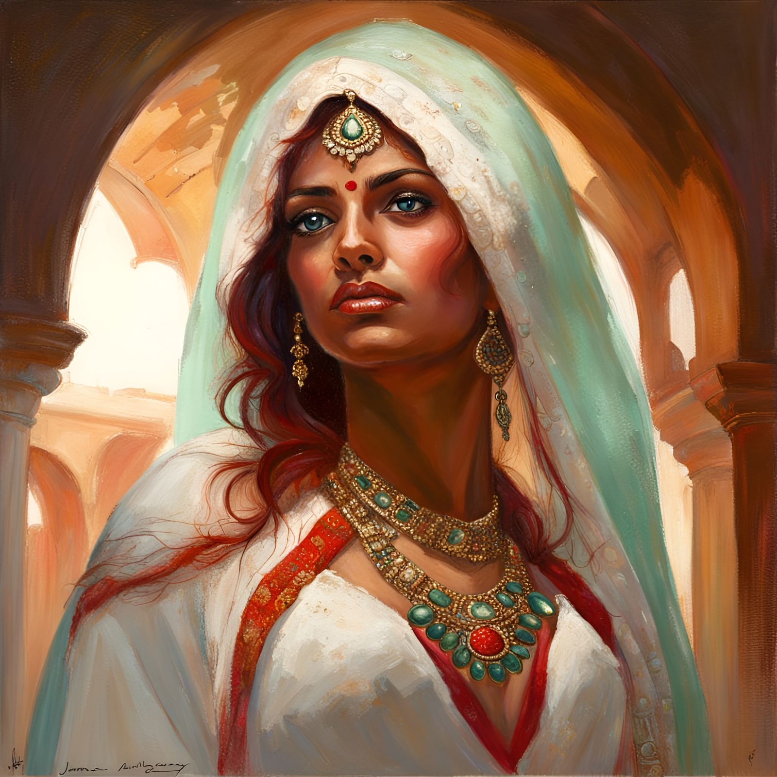 Indian Queen with Sea Green Eyes: Oil Painting