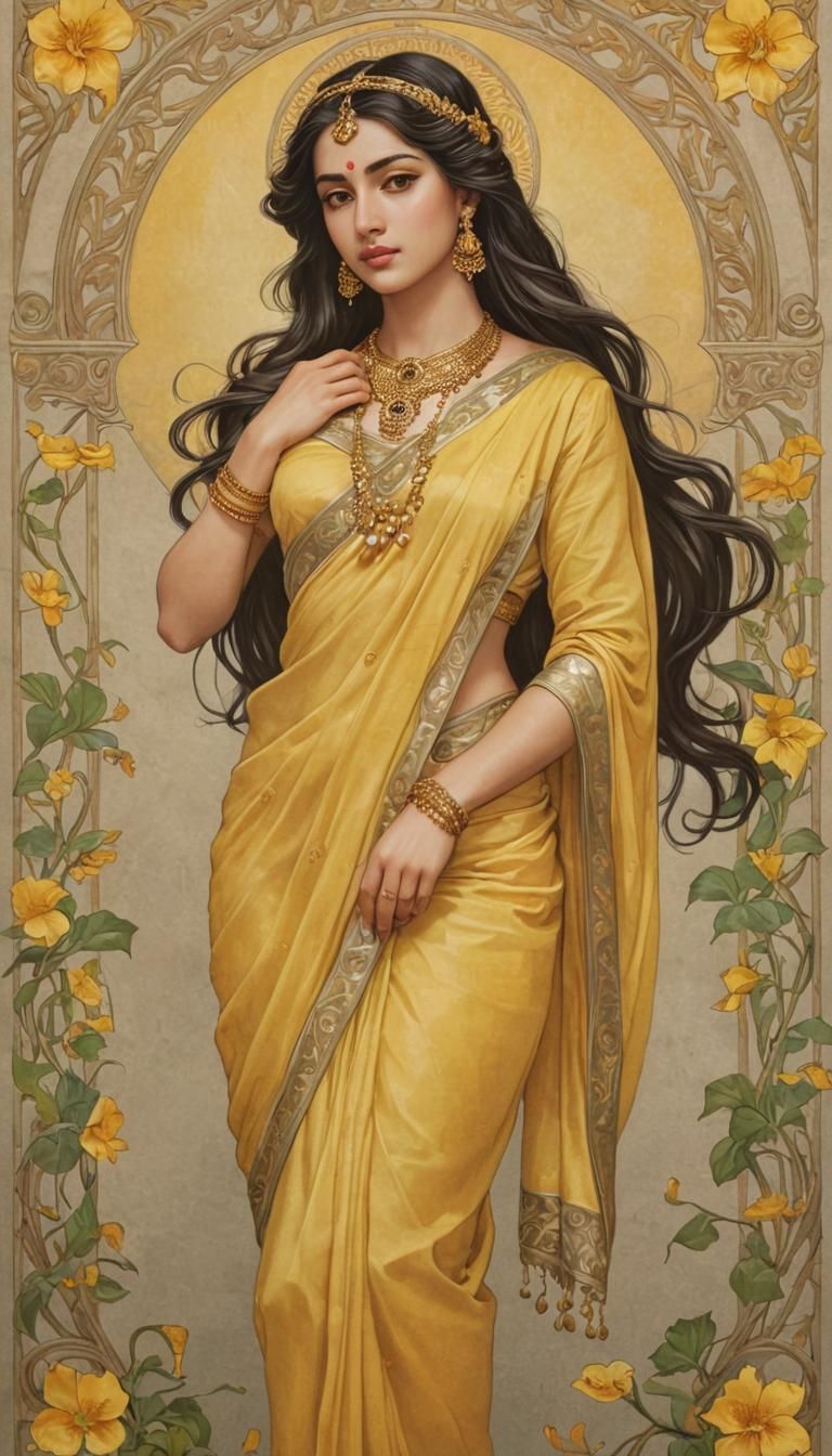 Sita in Yellow Sari: An Art Nouveau Drawing