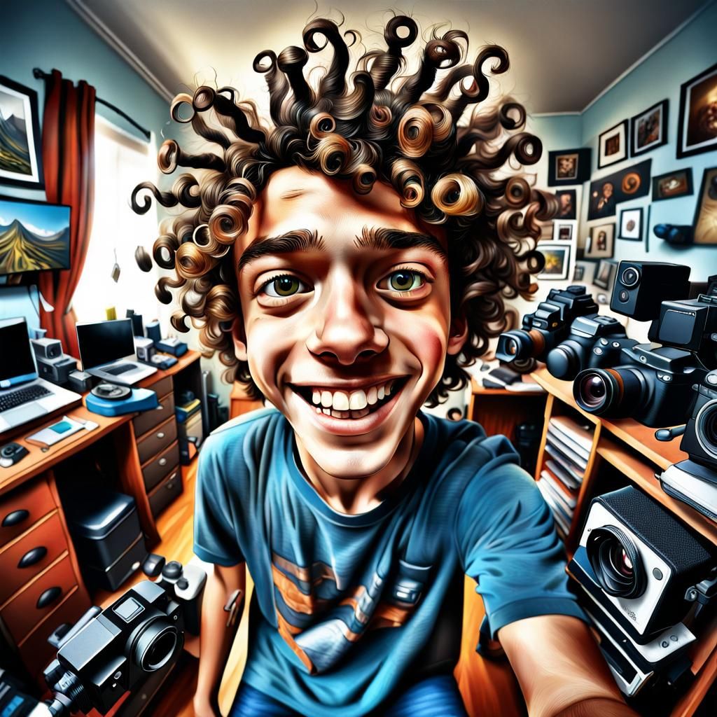 Hyperrealistic Selfie of a Boy in Messy Photography Room