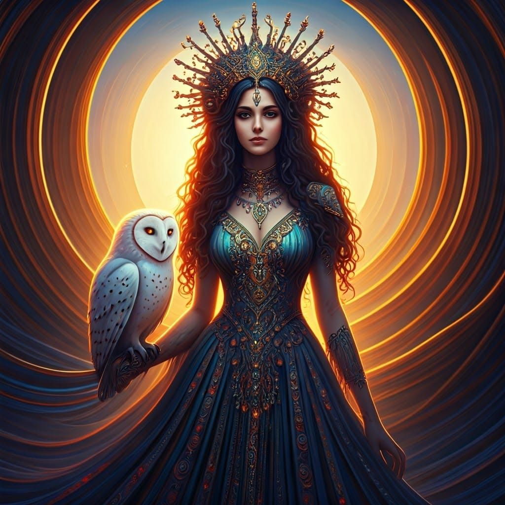 Enchantress and Owl in Surreal Cyberpunk Fantasy
