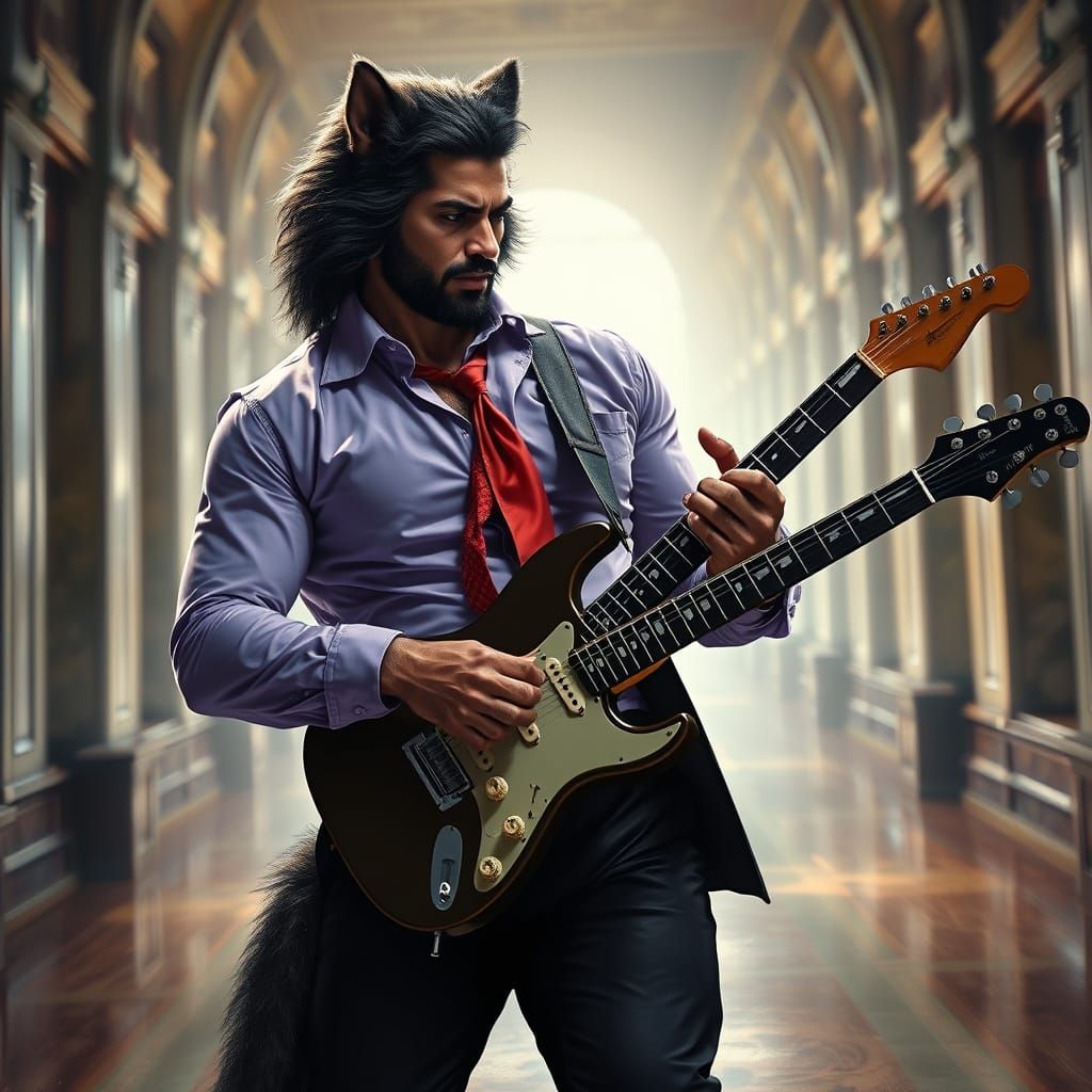 Mystical Werewolf Man Plays Guitar in Office Suit