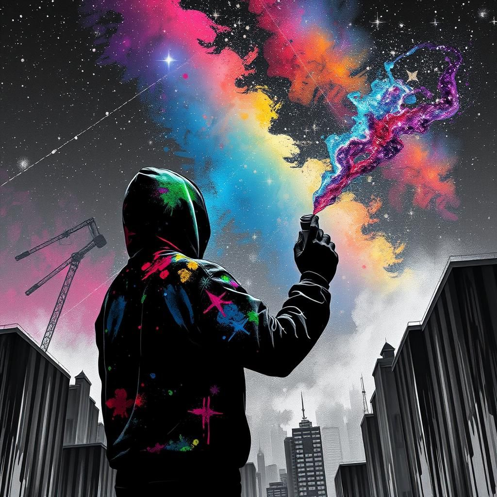 Nebula Hooded Man Spray Painting Night Sky