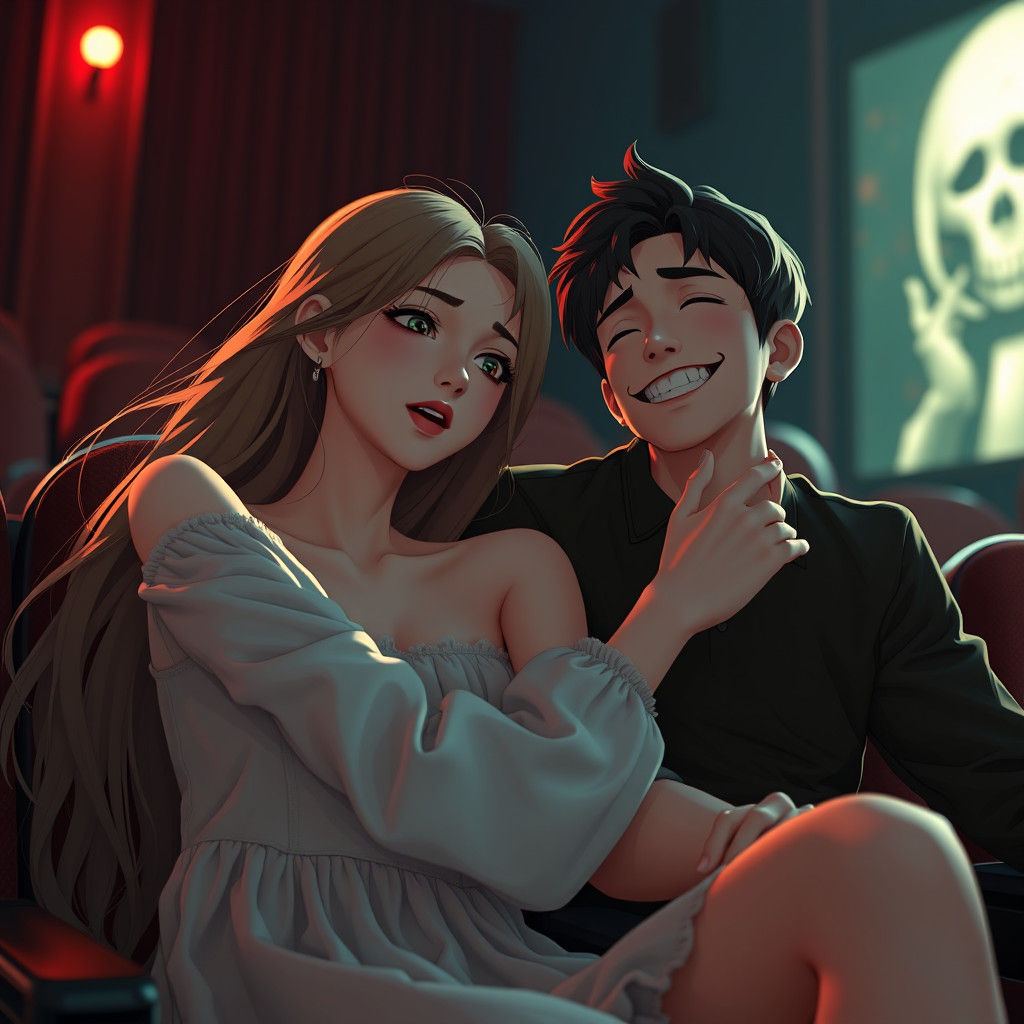 Anime Couple Embrace in Cinema, Hyper-Realistic 3D Art