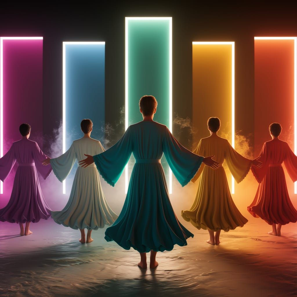 Mystical Ritual with Rainbow Portals at Night