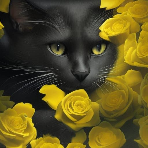 Black Cat Among Yellow Roses in Dark Fantasy Style