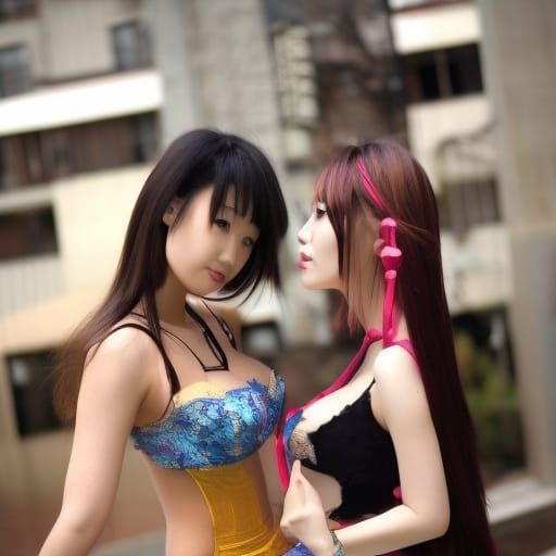 Two Asian Goddesses in a Loving Embrace