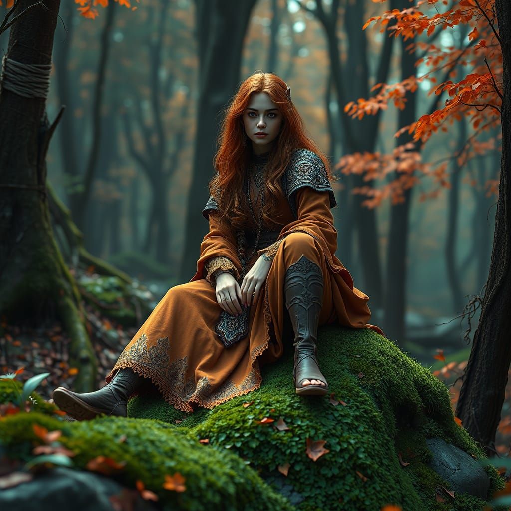 Woman in Mystical Woods: Hyperdetailed Art Nouveau