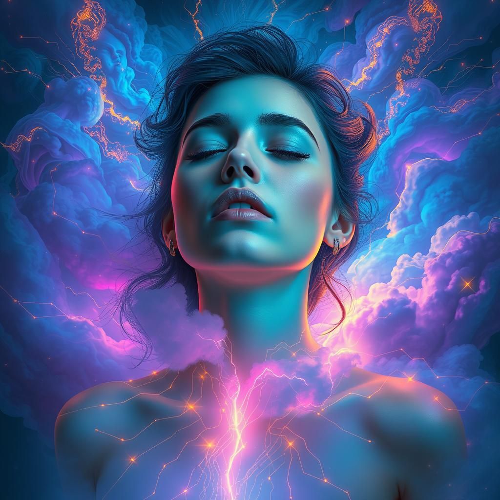 Dreamscape: Woman Surrounded by Electric Clouds
