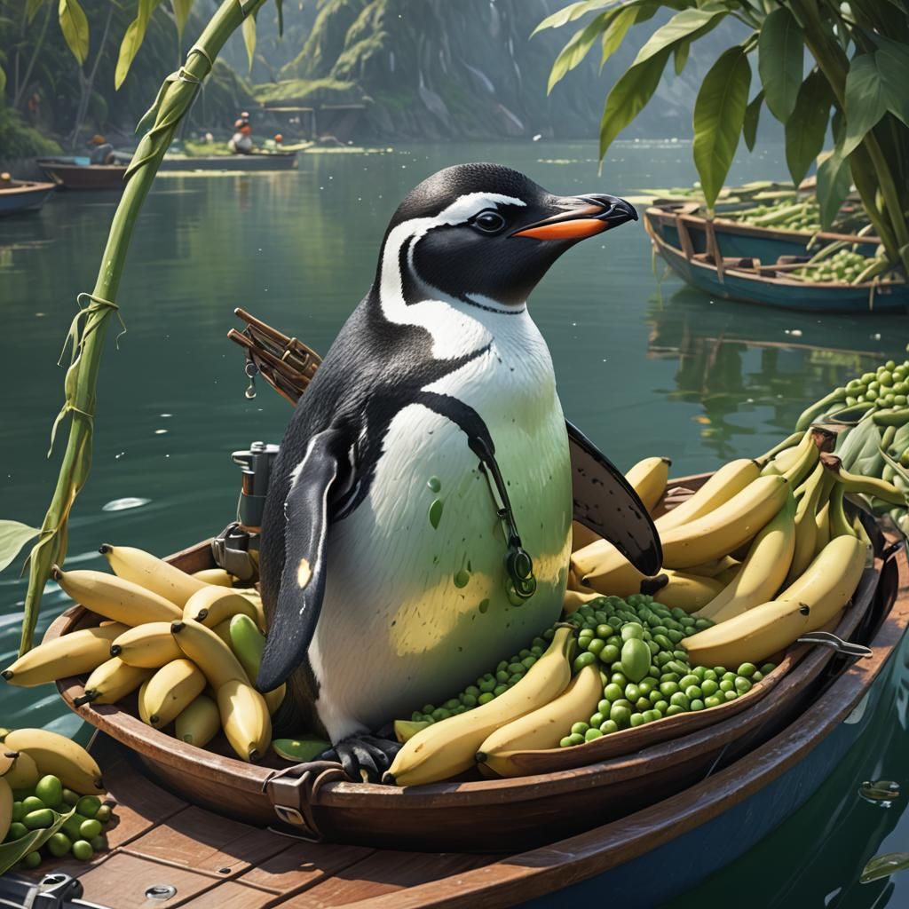 Penguin's Banana Boat Adventure: Hyperdetailed Concept Art