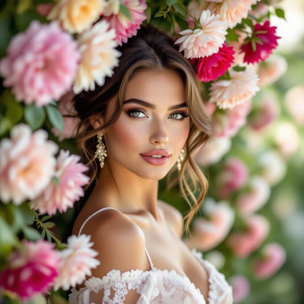 Stylish pretty gorgeous  beauty posing with floral display