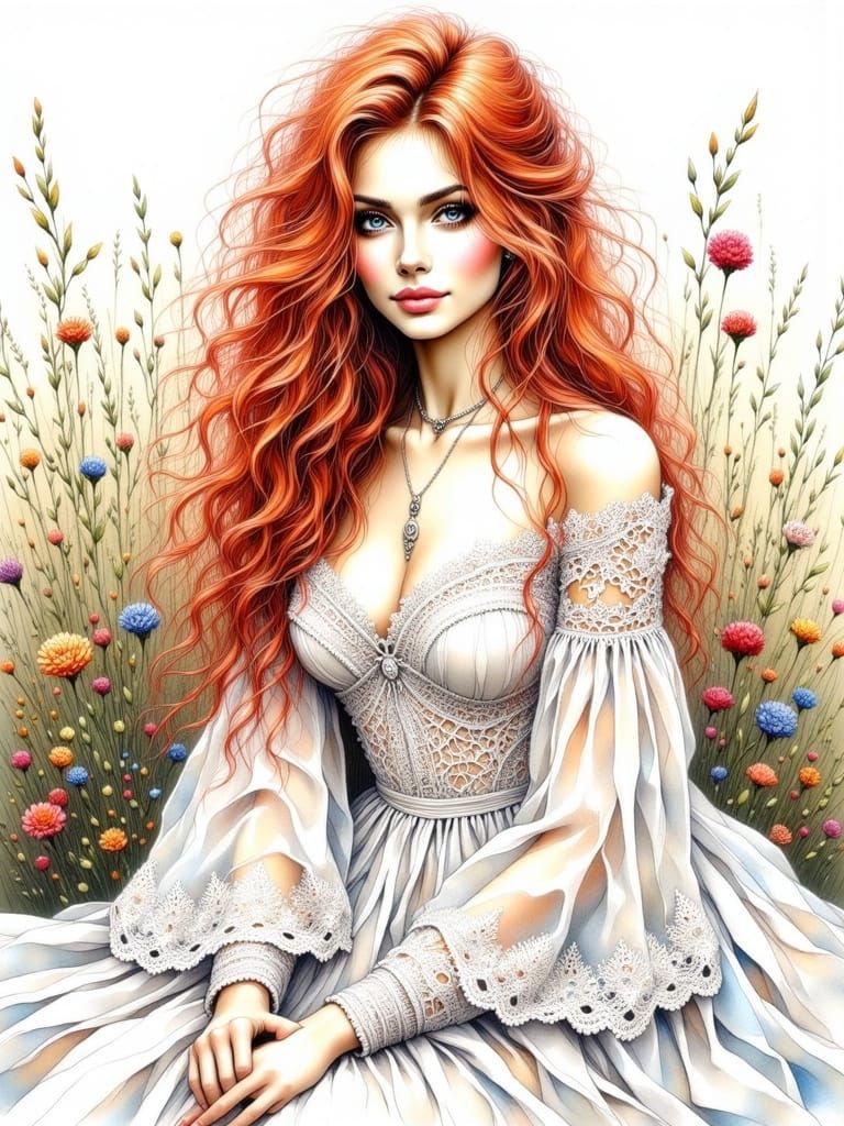 Red-Haired Bride in Lace Gown, Ink Crosshatching