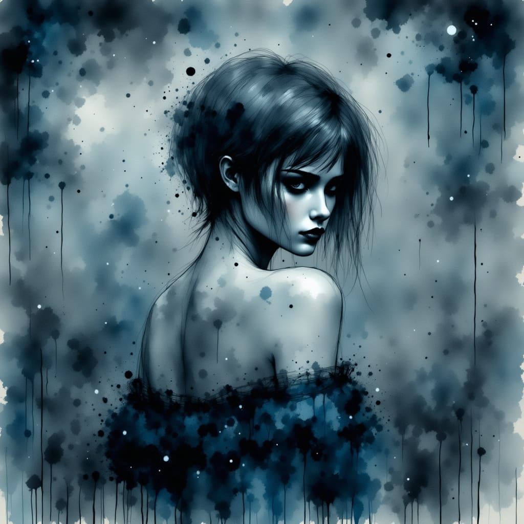 Norse Goddess in Dark Blue Ink-Drip Style