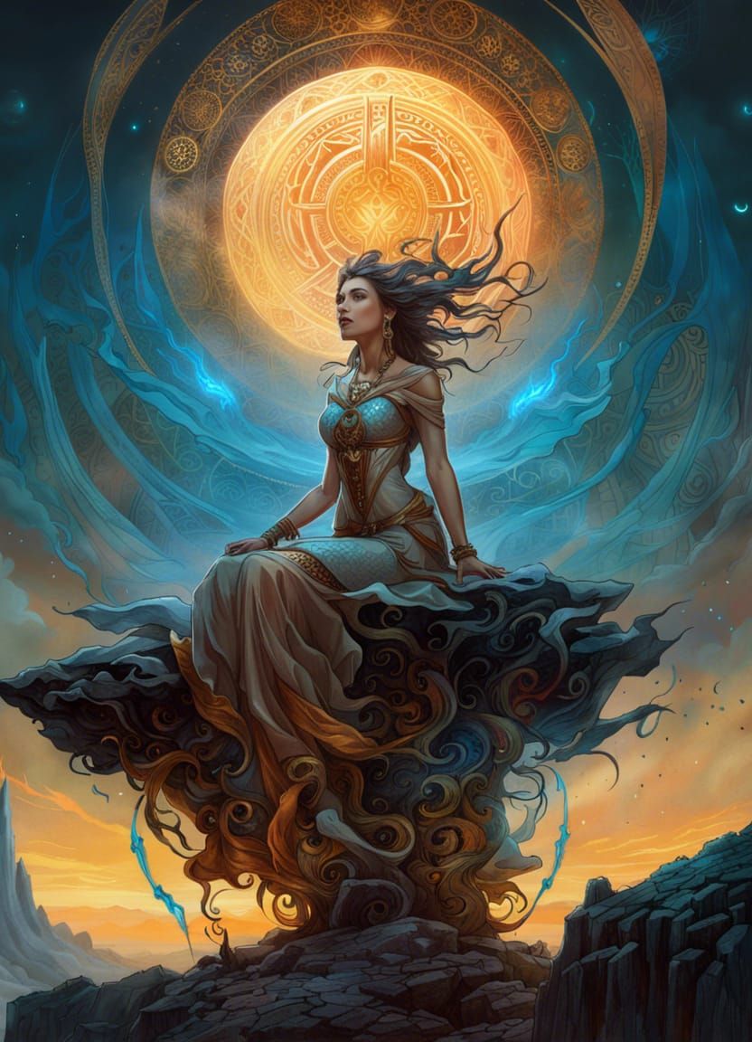Electric Woman Levitation on Mountain in Fantasy Art