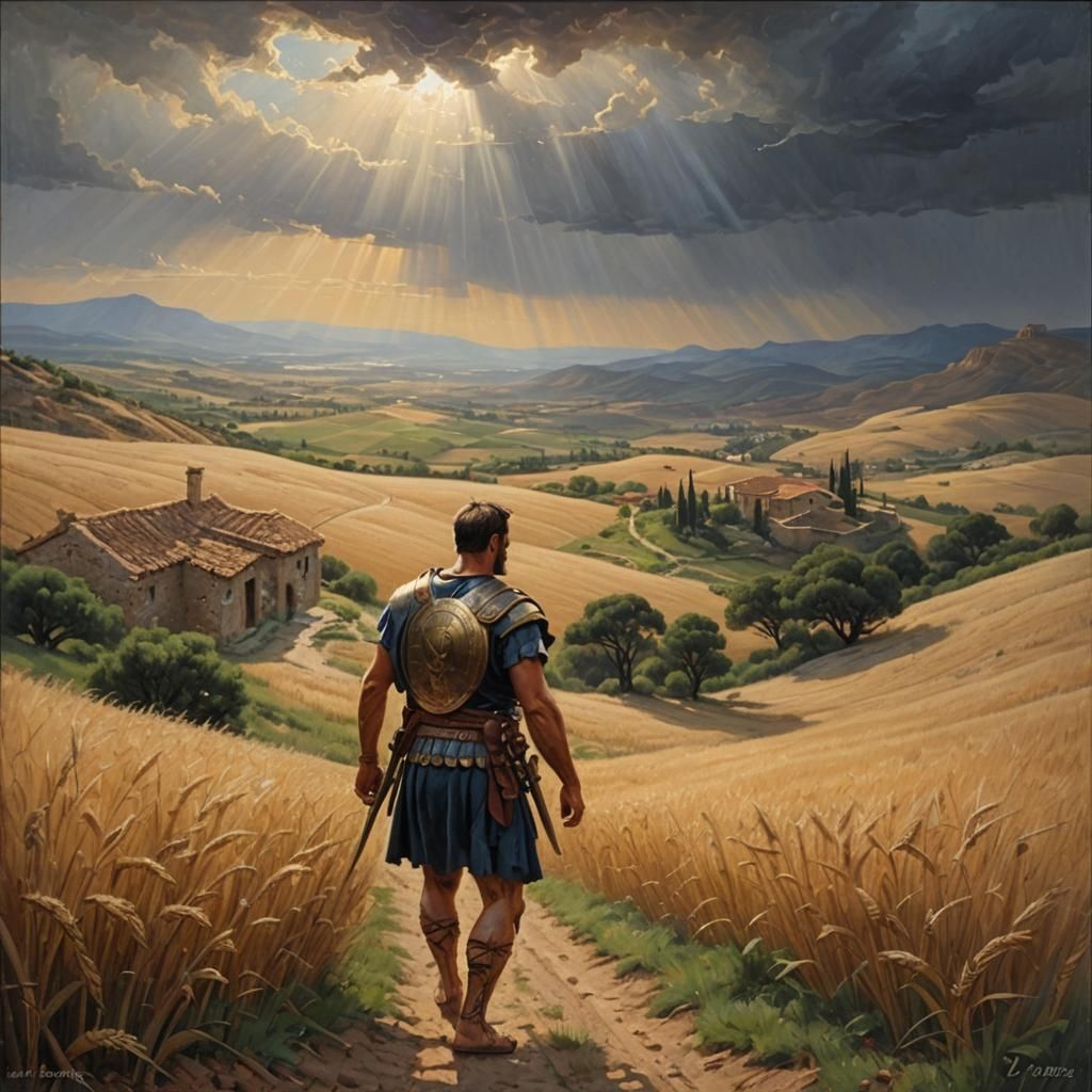Gladiator's Homecoming in Ancient Greece Landscape