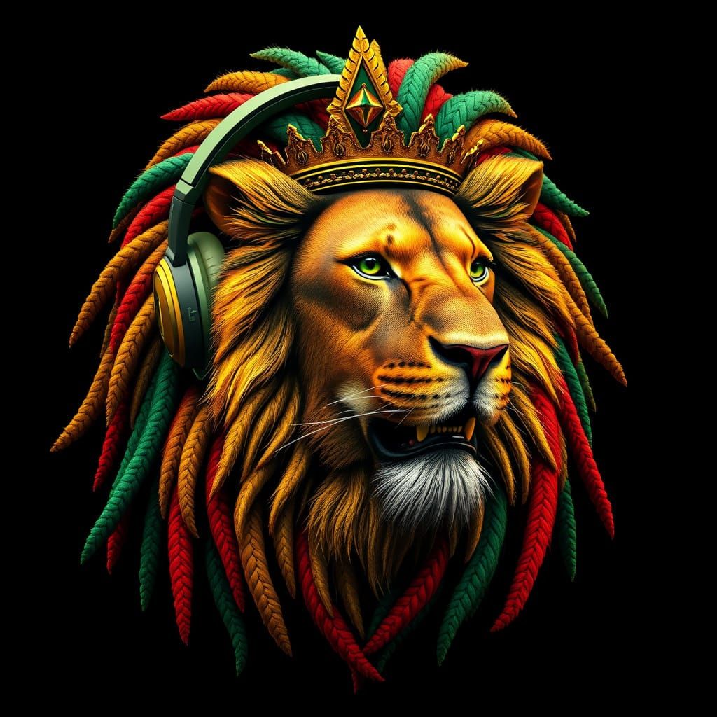 Regal Rastafarian Lion with Vibrant Dreadlocks and Golden Cr...