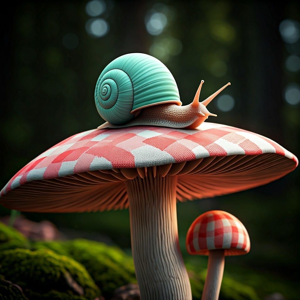Small Snail on Vibrant Gingham Mushroom